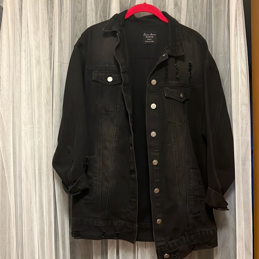 Oversized, black, ripped jean jacket